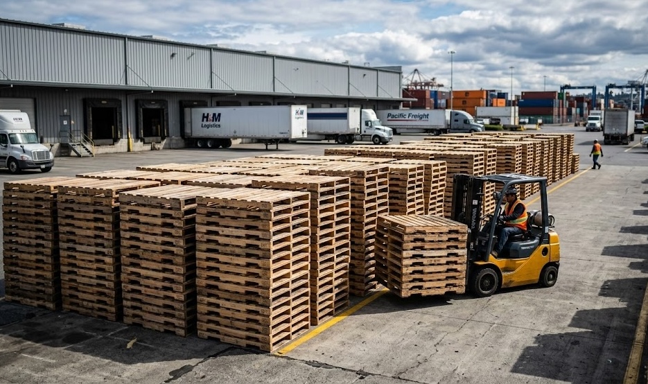 Logistics dock with forklifts loading pallets for delivery