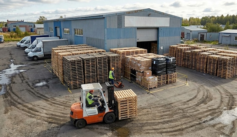 Forklift operator moving pallets at the facility
